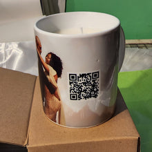 Load image into Gallery viewer, Personlized coffee mug candle, custom coffee mug with added QR code,15 oz candle
